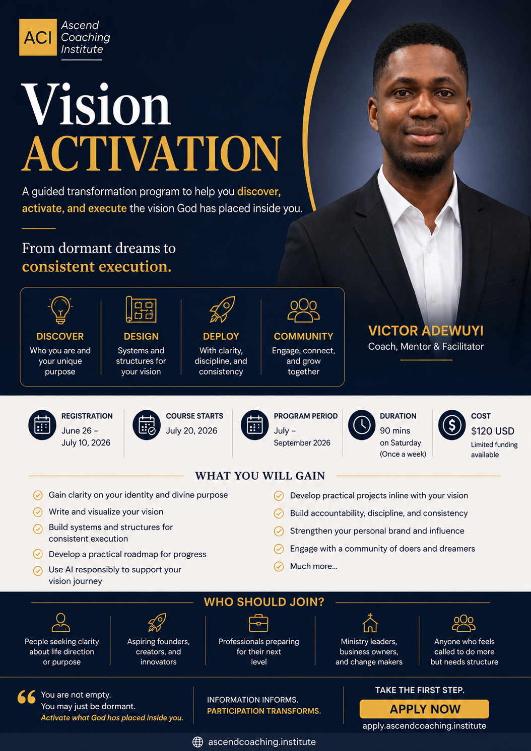 Vision Activation program flyer featuring facilitator Victor Adewuyi